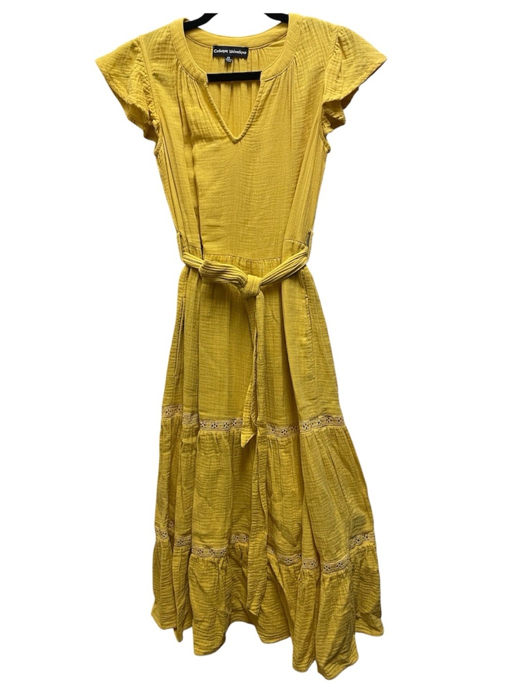 Catherine Malandrino Yellow Flutter Sleeve Tiered Midi Dress